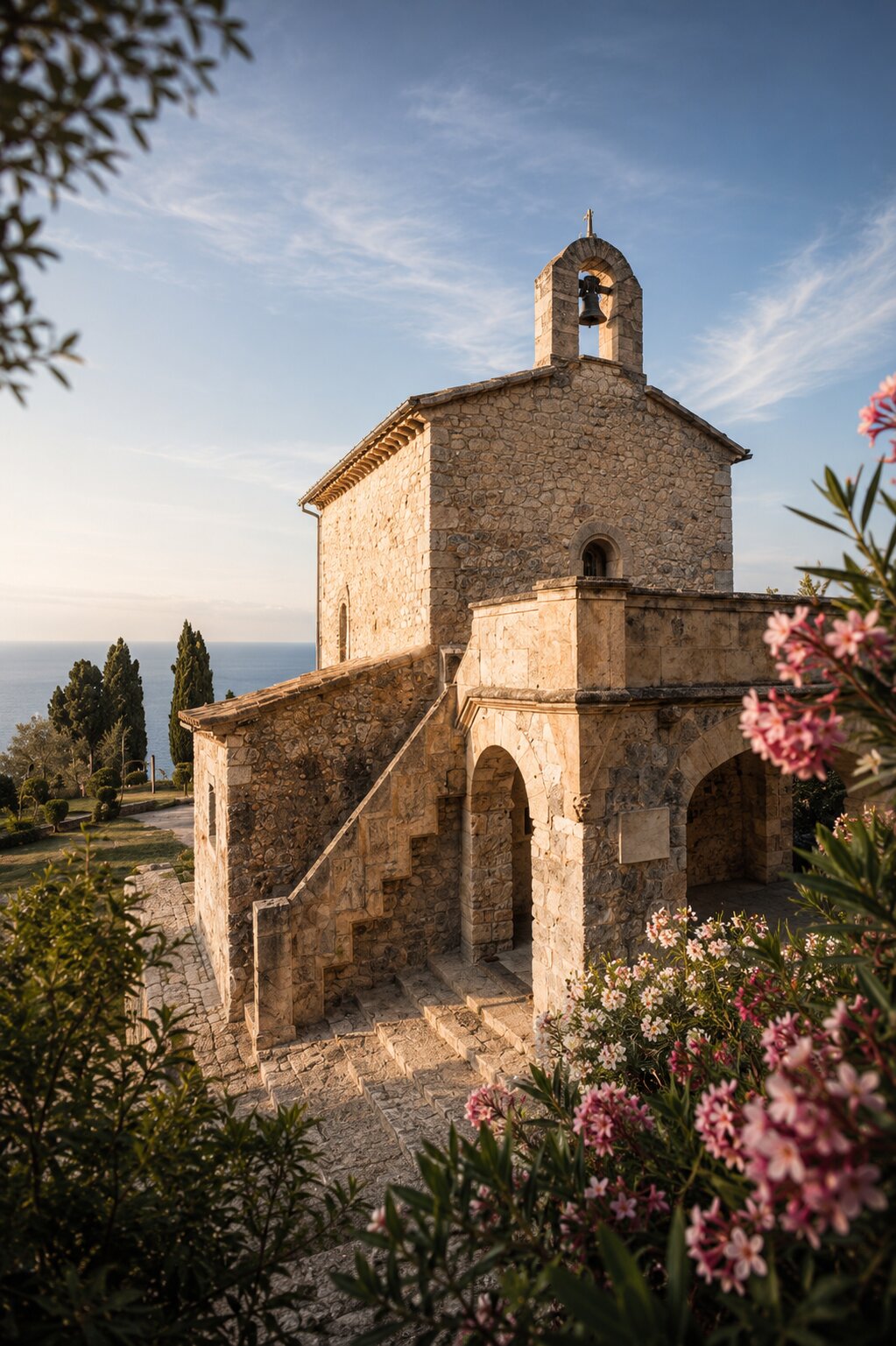 Ermita de piedra con campanario, jardines y vistas al mar en Miramar