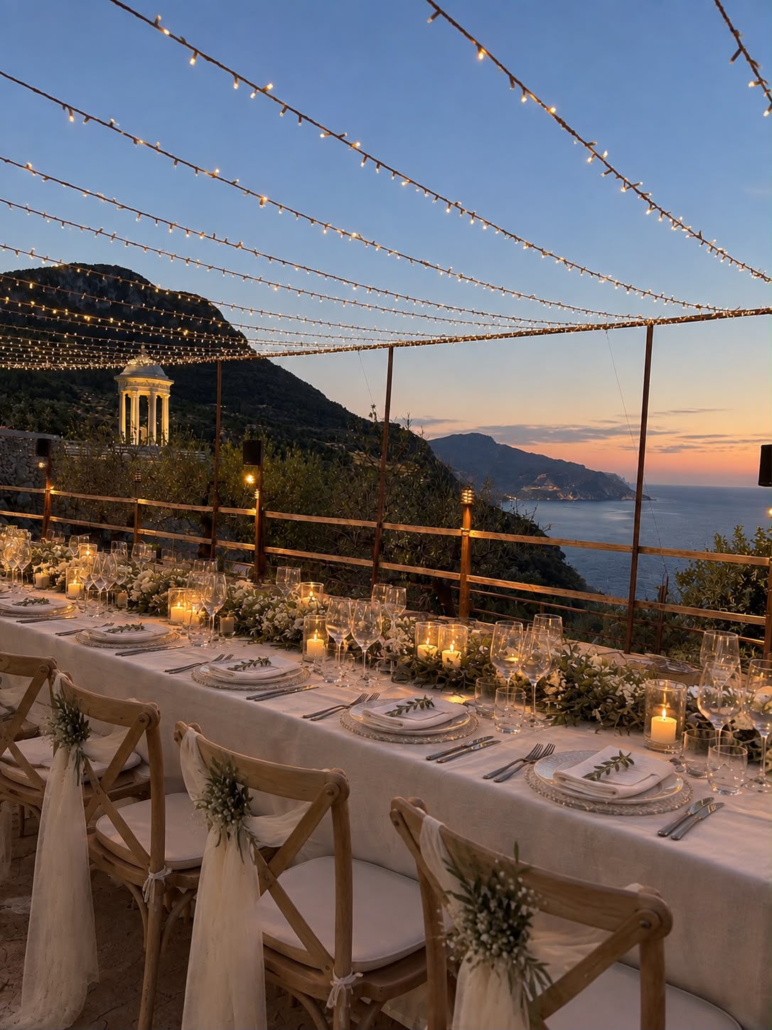 Cena de boda en terraza de piedra con velas y guirnaldas de luz frente al mar